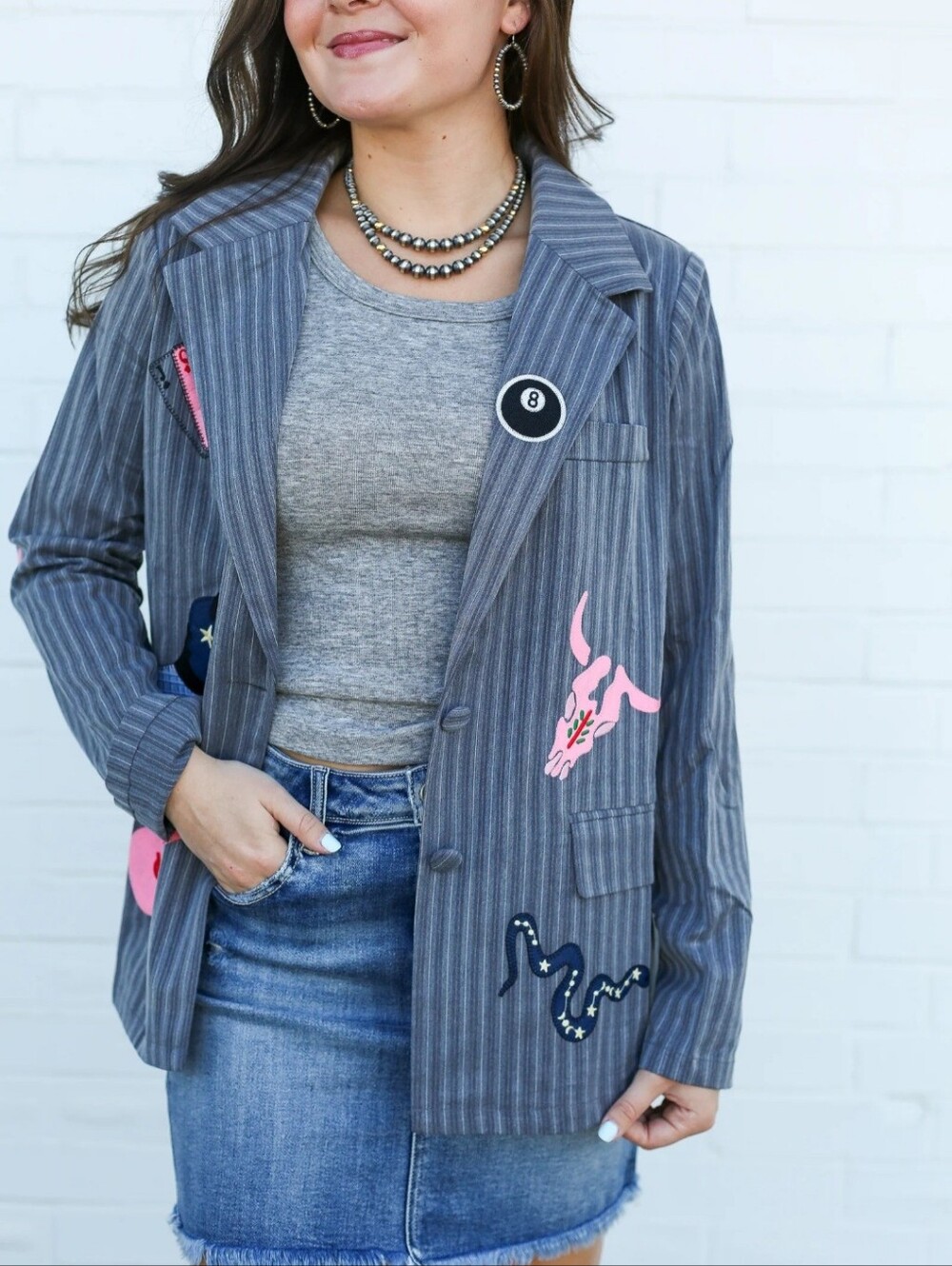 Taelynn Women's Gray Pinstripe Patch Blazer Jacket - Pink Accent